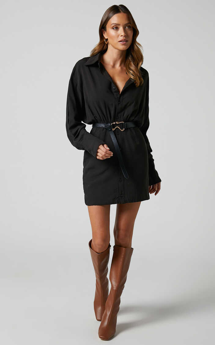 Norie Mini Dress - Button Up Long Sleeve Shirt Dress in Black ...