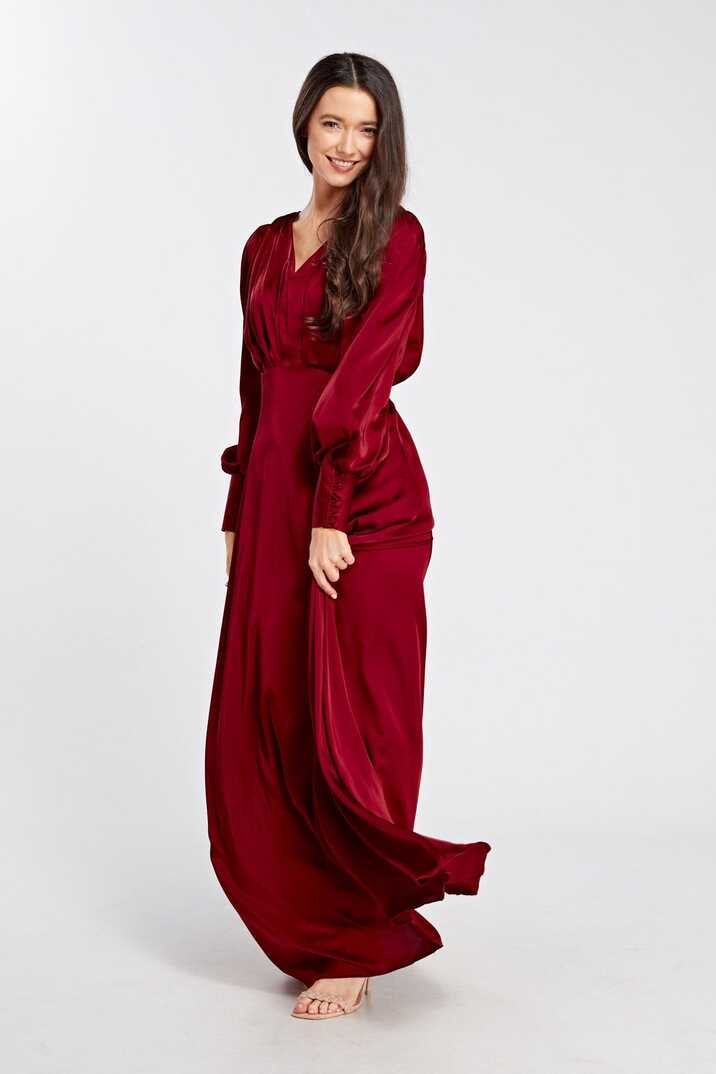 Norina Deep Red Satin Maxi Dress With Long Sleeves - TAHLIRA