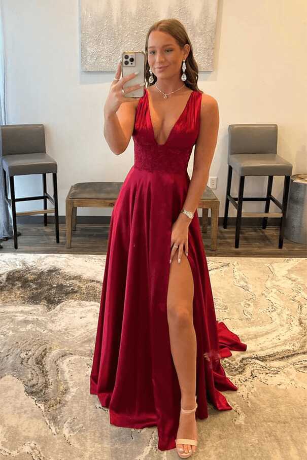 Novah | Burgundy V Neck Lace Long Prom Evening Dress with High ...