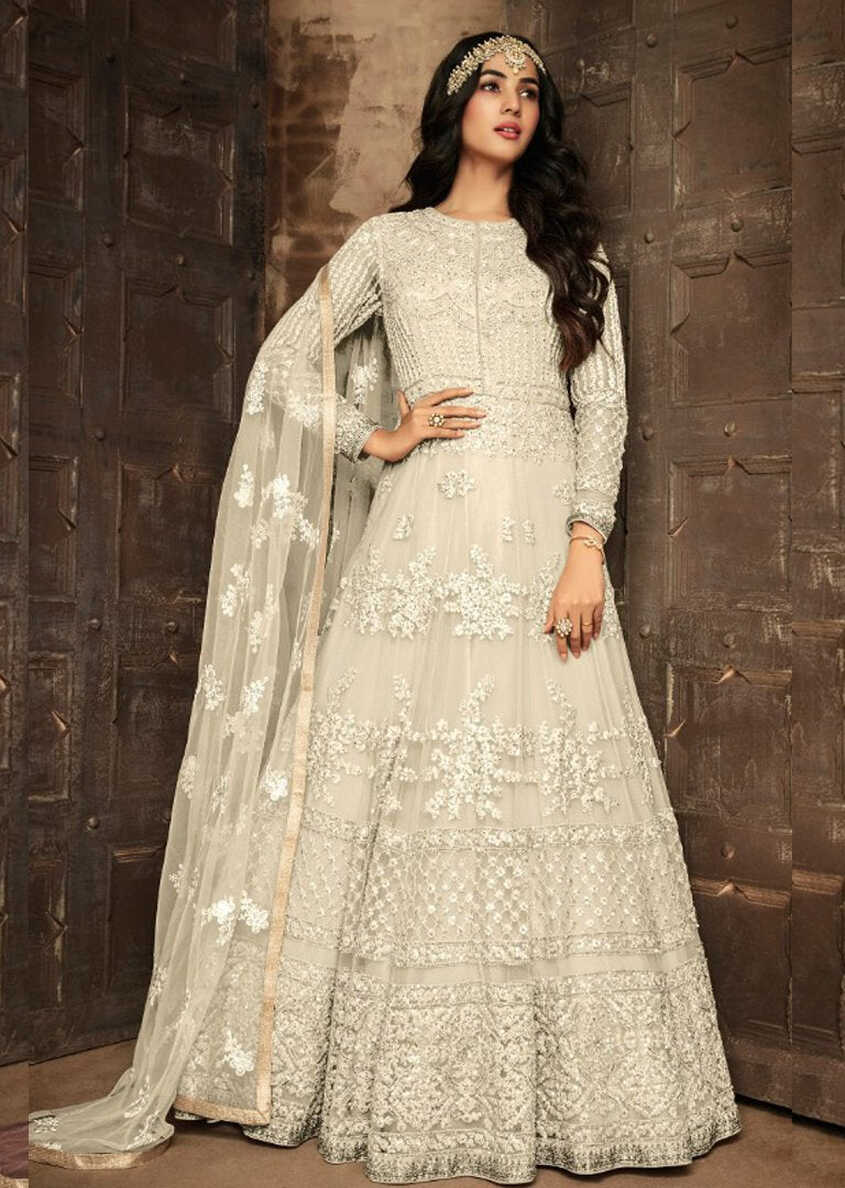 OFF WHITE ASIAN PAKISTANI FASHION ANARKALI GOWN | Asian Party Wear