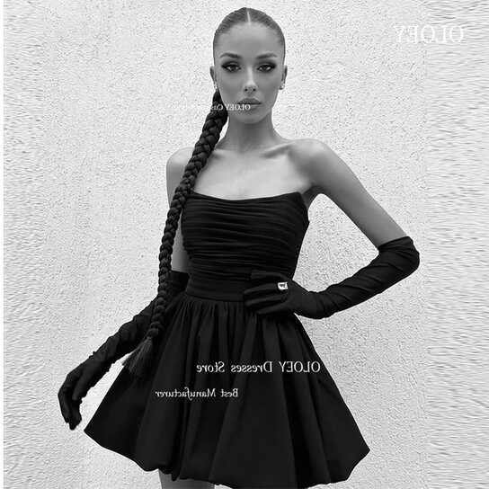 OLOEY Sexy Strapless Black Short Party Dresses Pleats Matte Satin ...