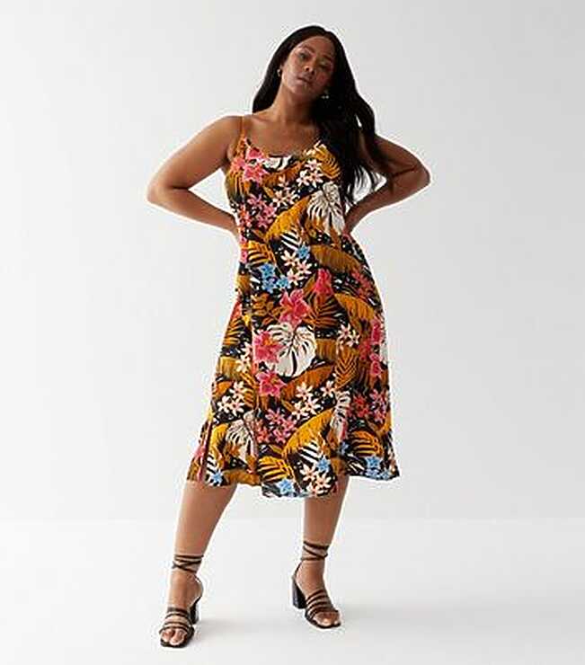 ONLY Curves Black Floral Strappy Midi Dress | New Look