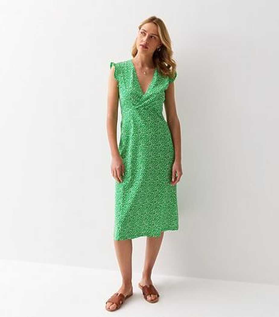 ONLY Green Floral Cotton Wrap Midi Dress | New Look