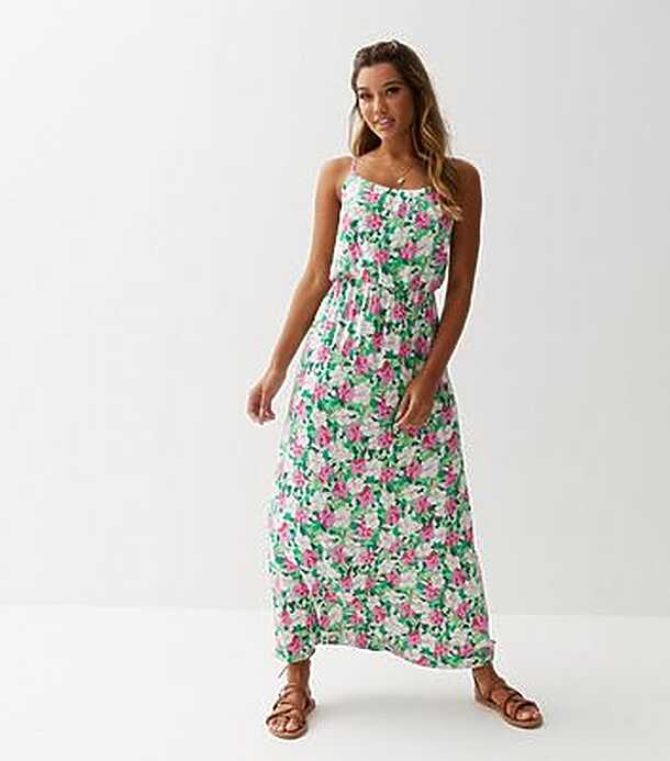 ONLY Green Floral Strappy Maxi Dress | New Look