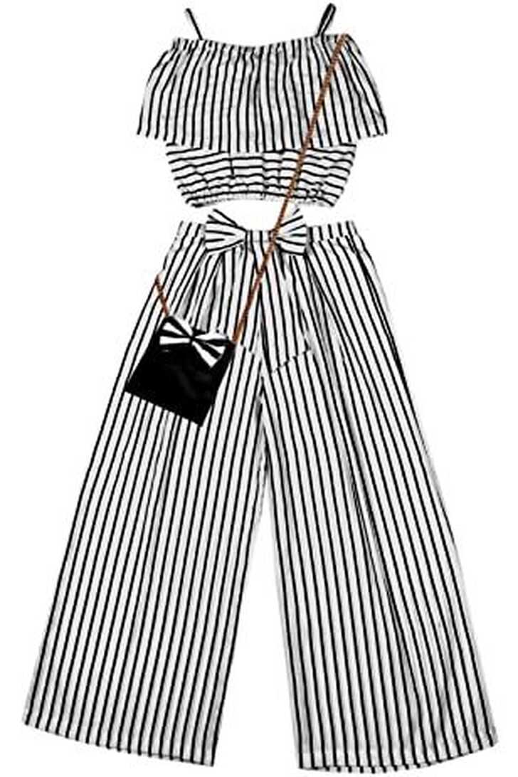 ORIEX Girl&#39;s Jumpsuit (Striped Dng-13-14 Yr_White_M)