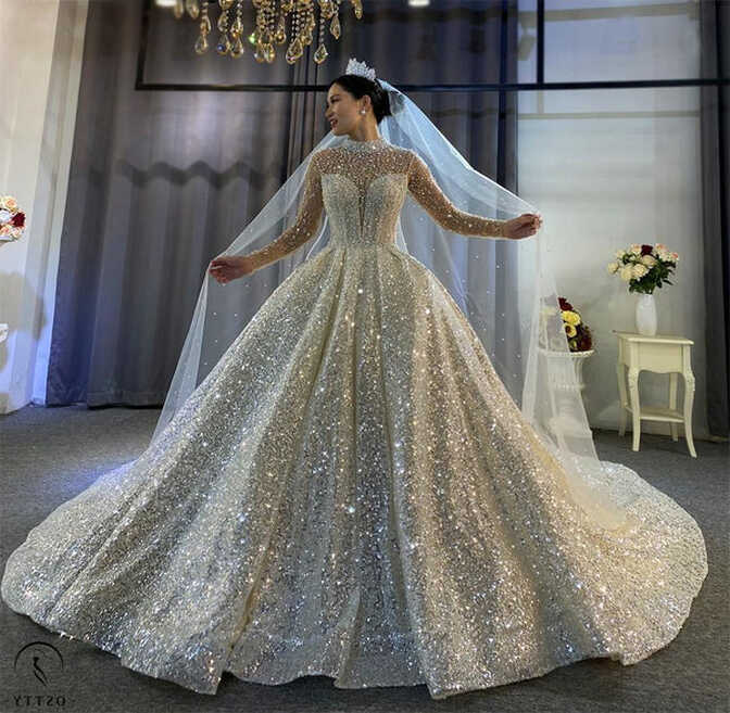 OSTTY - Luxury Gold Wedding Dress Long Sleeve Hign Neck Full ...