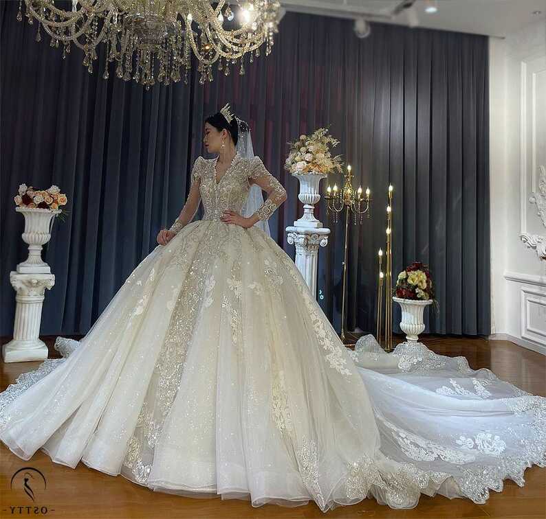 OSTTY - Luxury White Long sleeves Big Ball Gown Wedding dress ...