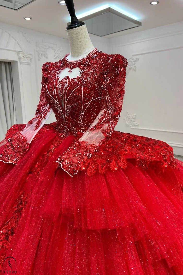 OSTTY - Red Luxury Long Sleeves beads Ball Gown Wedding Dress ...