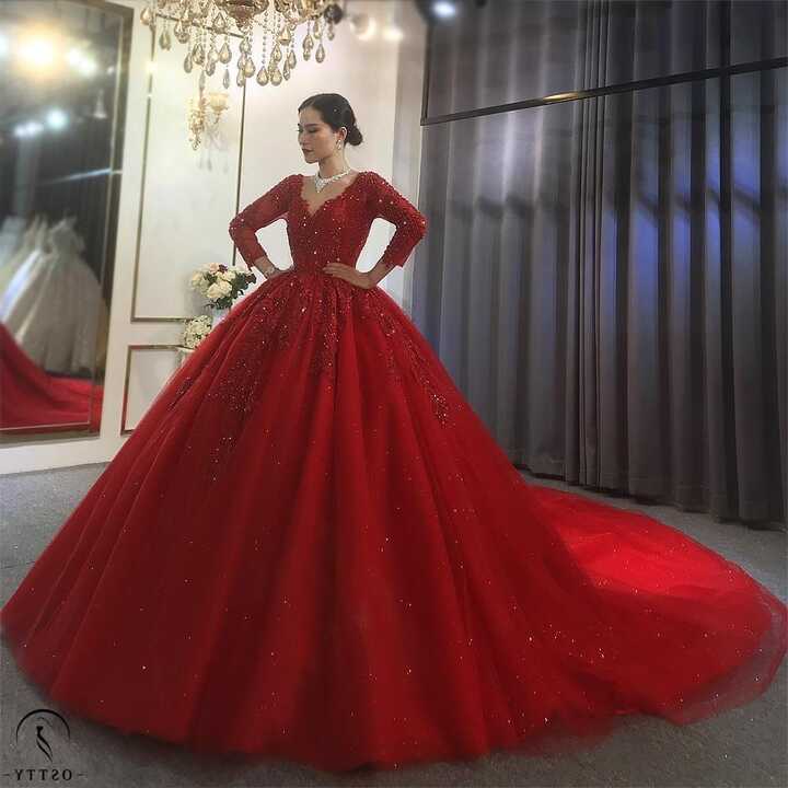 OSTTY - Red V Neck Long Sleeves Beading Wedding Dress OS3915 $1,299.99