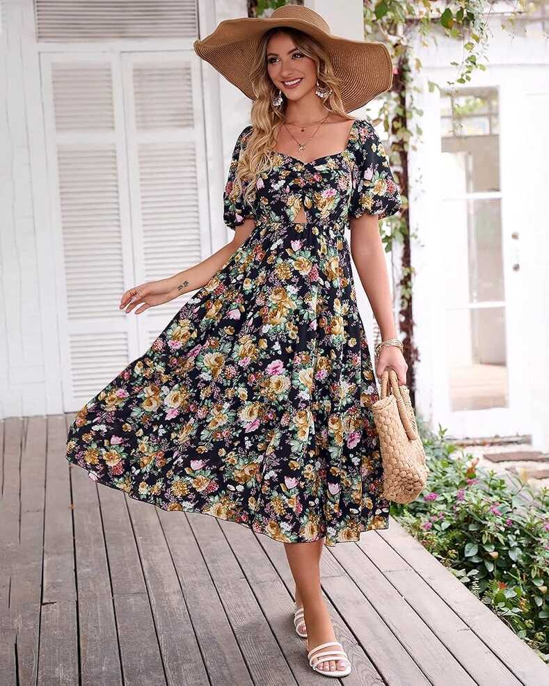 OUYOO Summer Dress Women Knee Length Women Floral Dress Short ...