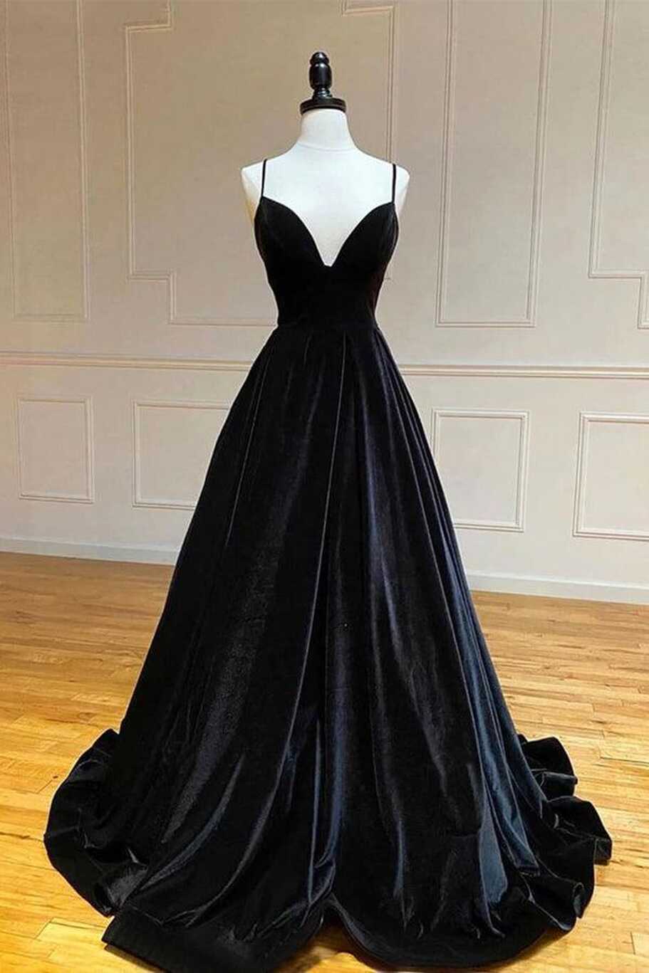 Oaklee | Simple Black Velvet Long Prom Dress, Black Evening Dress ...