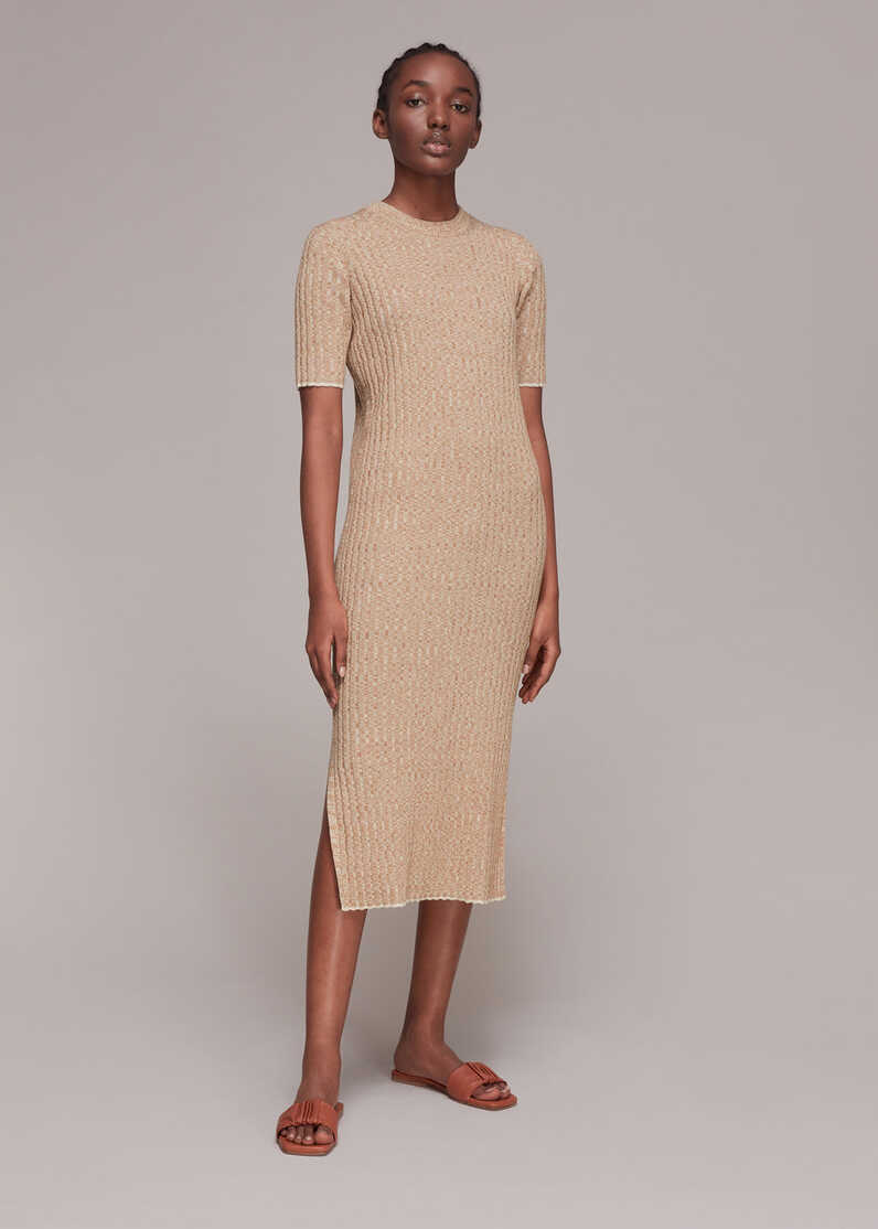 Oatmeal Eva Rib Knit Midi Dress | WHISTLES | Whistles UK |