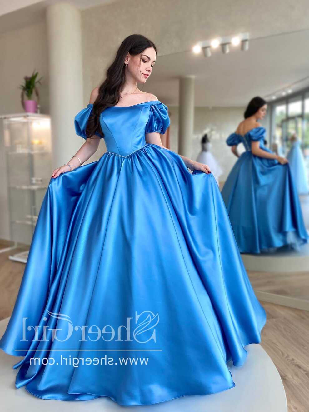 Ocean Blue Puff Sleeves Off the Shoulder Simple Prom Dresses with ...