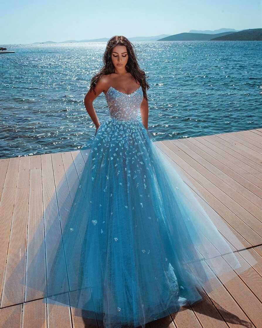 Ocean Blue Strapless Sparkle Beads Tulle Princess Prom Party Gowns ...