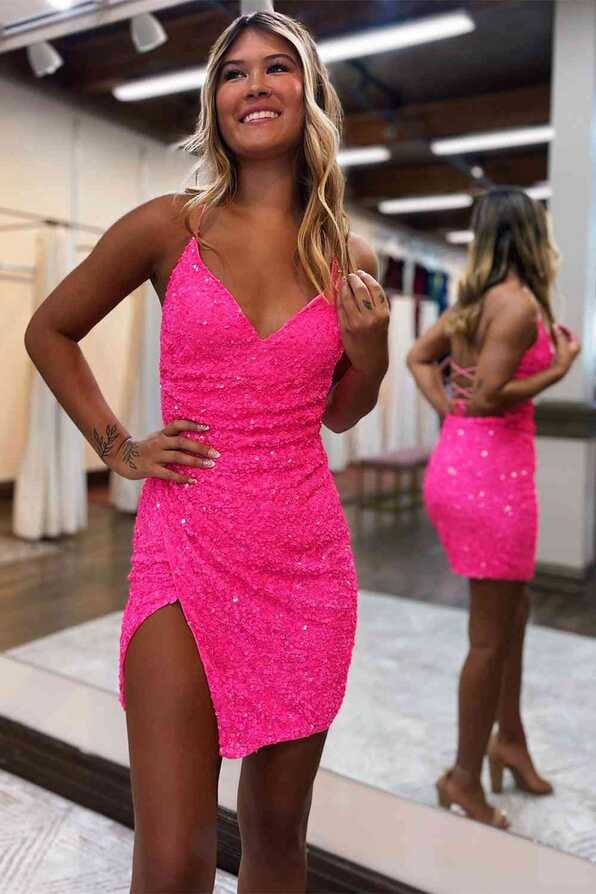 Odette Short Pink Bodycon V-Neck Sequined Homecoming Dress with ...