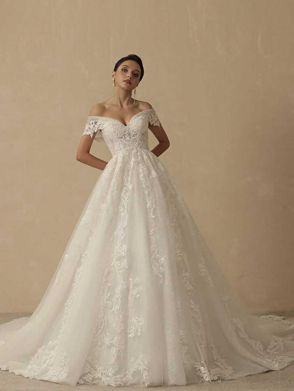 Off Shoulder Appliques Embroidery Floor Length Mesh Wedding Dress ...