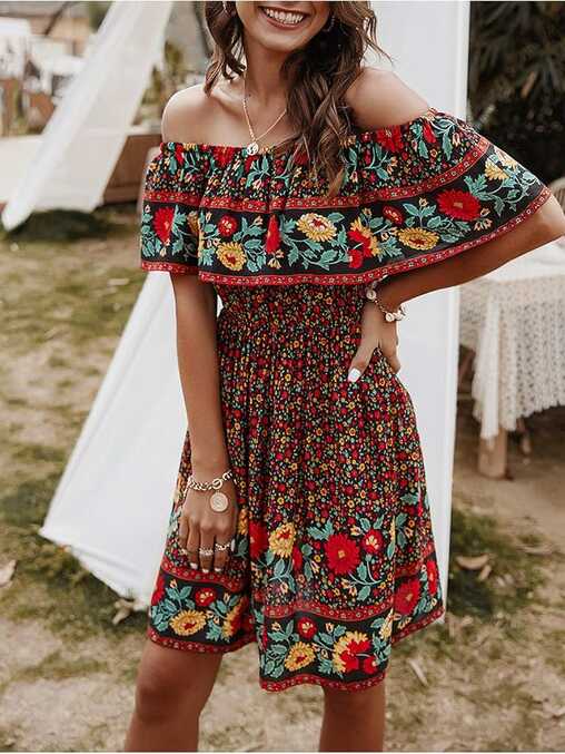 Off Shoulder Boho Floral Swing Mini Dress Summer Strapless Pleated ...