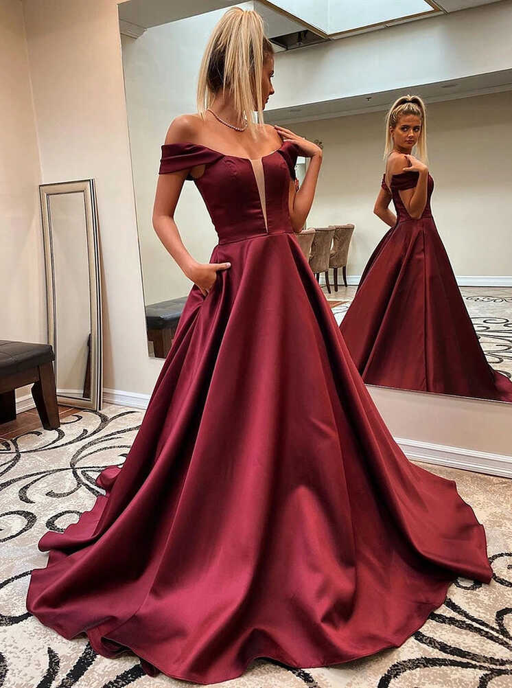 Off Shoulder Burgundy Prom Dresses, Long Graduation Evening Dress With