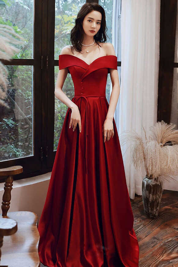 Off Shoulder Burgundy Satin Long Prom Dresses with High Slit, Off ...