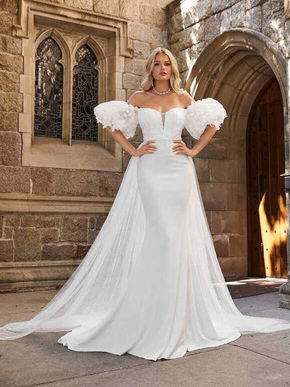 Off Shoulder Contrast Mesh Mermaid Hem Wedding Dress | SHEIN