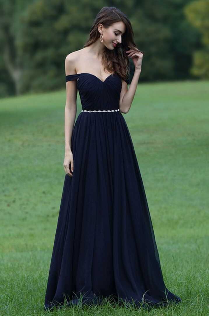 Off Shoulder Dark Blue Dress with Crystal Chain (00170605) - eDressit