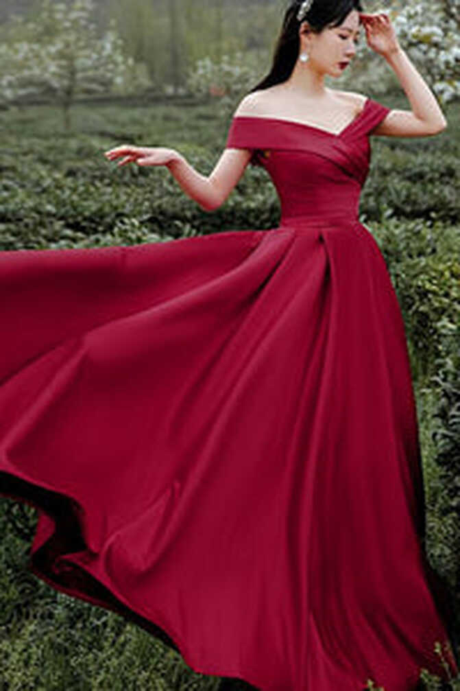 Off Shoulder Dark Red Satin Long Prom Dress, Off the Shoulder Dark ...