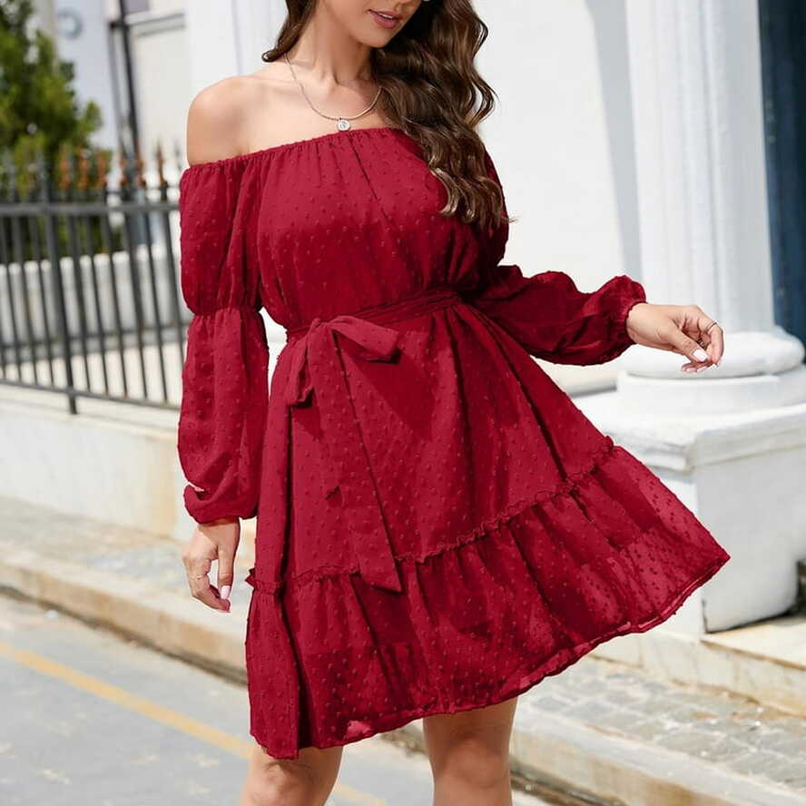 Off Shoulder Dress for Women Long Sleeve Swiss Dot Ruffle Fall ...