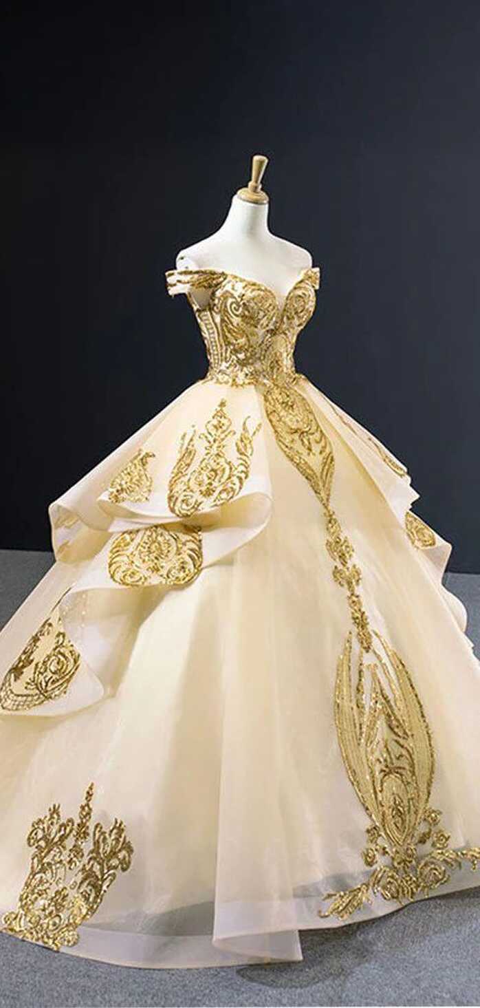 Off Shoulder Gold Applique Ball Gown Wedding Dresses, Gold Wedding ...