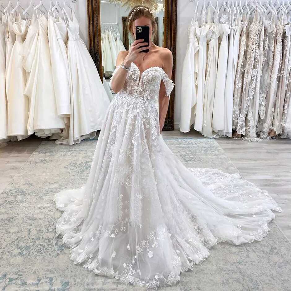 Off Shoulder Gorgeous White Wedding Dresses A-line Lace Applique ...