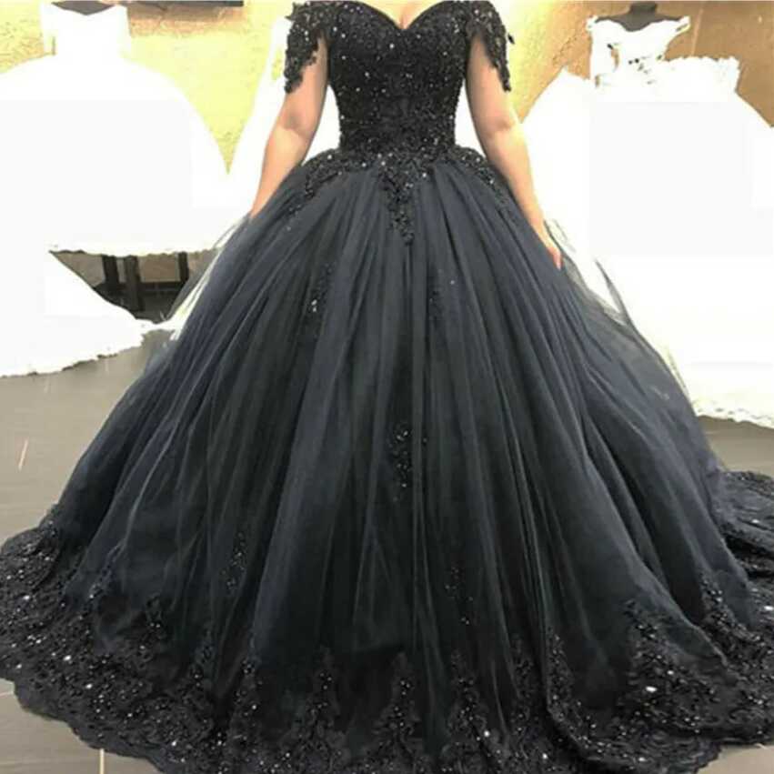 Off Shoulder Gothic Black Lace Puffy Black Quinceanera Dresses ...