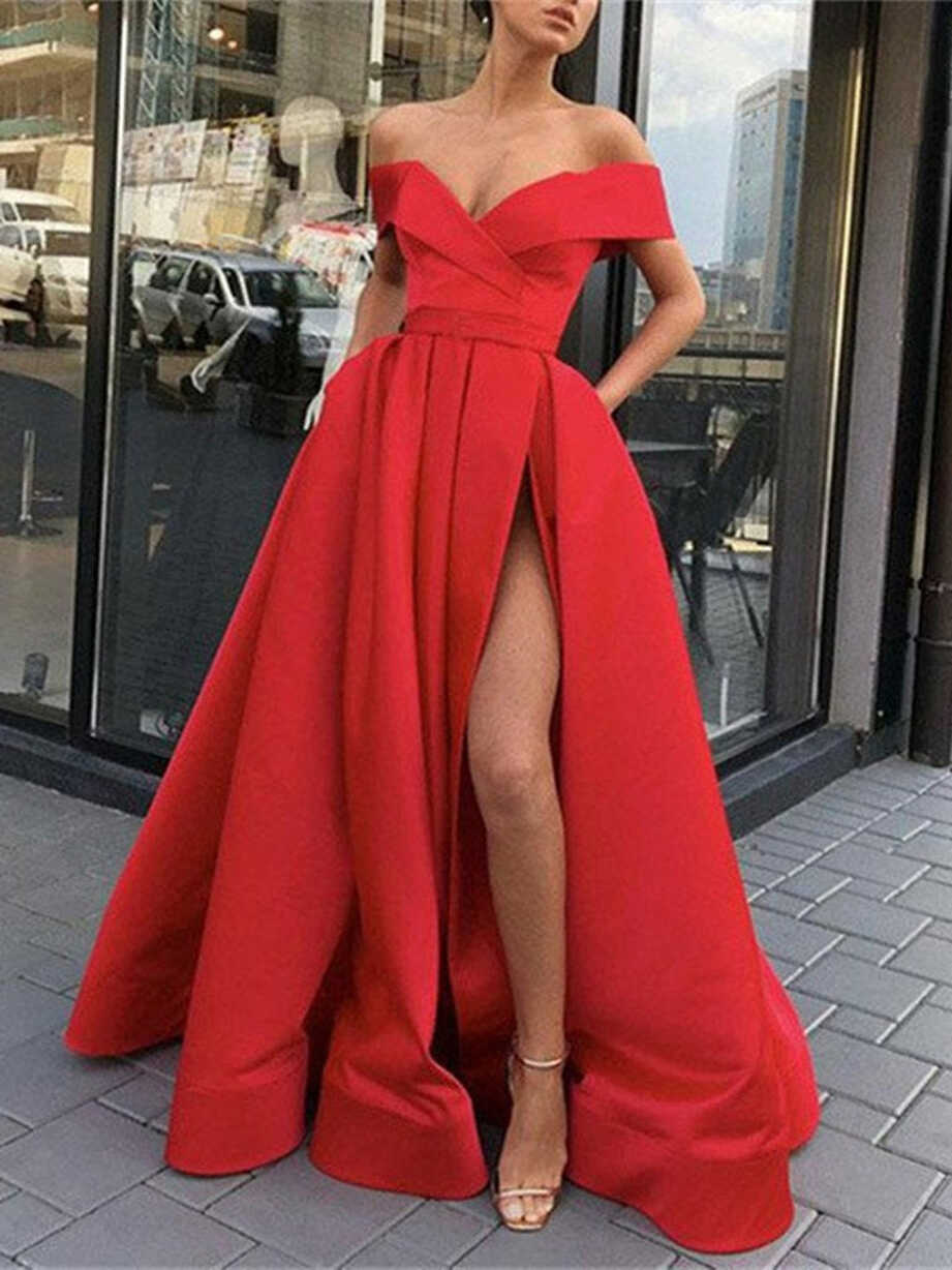 Off Shoulder High Slit Red Long Prom Dresses, Off the Shoulder ...