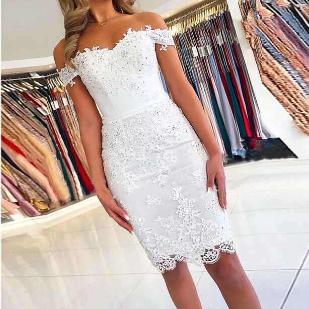 Off Shoulder Lace Applique Boat Neck Cocktail Dress Sexy ...