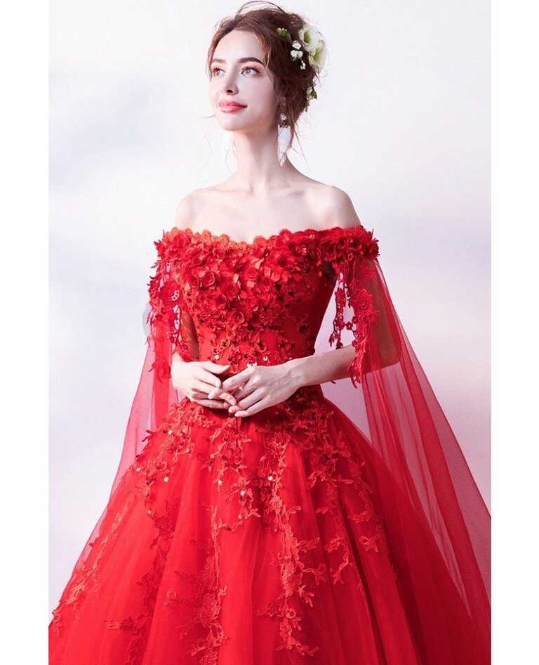 Off Shoulder Lace Flower Red Wedding Formal Dress With Long ...