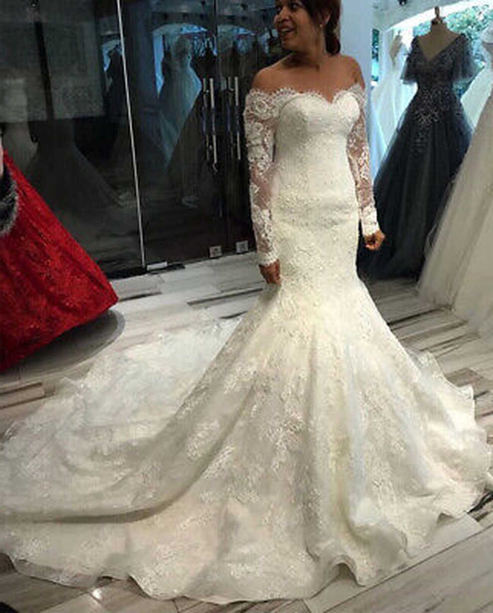 Off Shoulder Lace Mermaid Wedding Dresses Long Sleeve Long Train ...