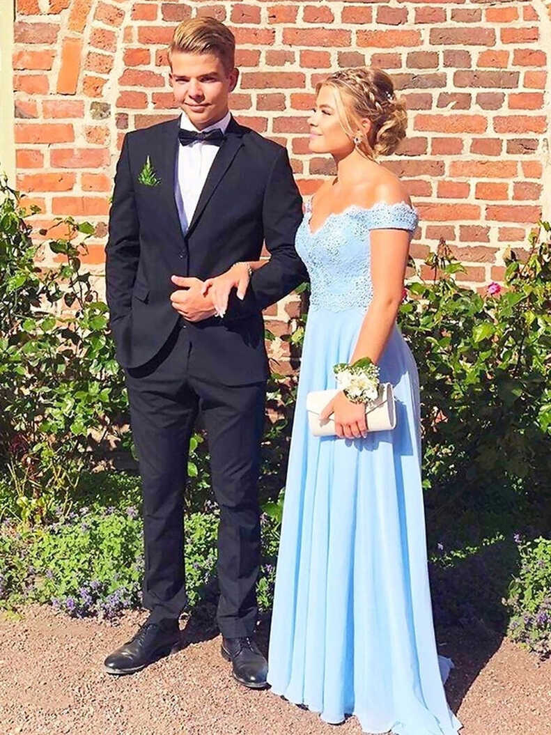 Off Shoulder Light Blue Lace Long Prom Dresses, Off Shoulder Lace ...