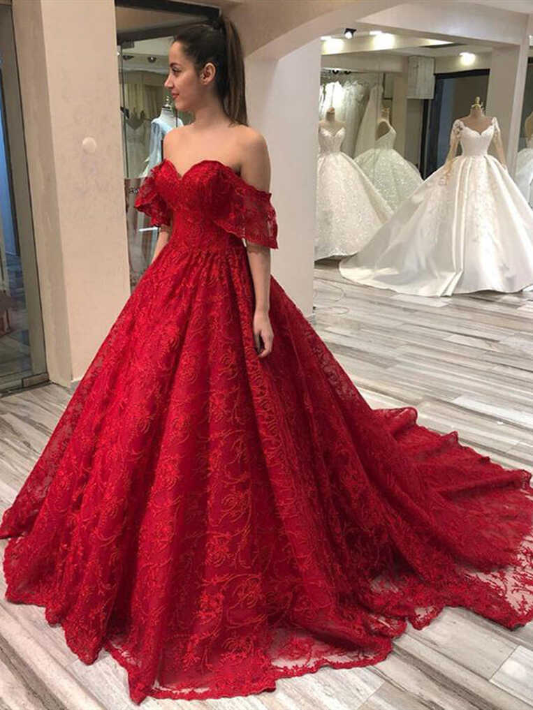 Off Shoulder Long A-line Red Lace Prom Dresses, Formal Dresses ...