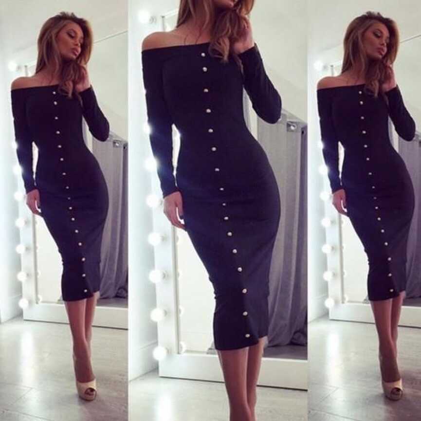 Off Shoulder Long Sleeve Button Bodycon Knee-length Dress | Long ...