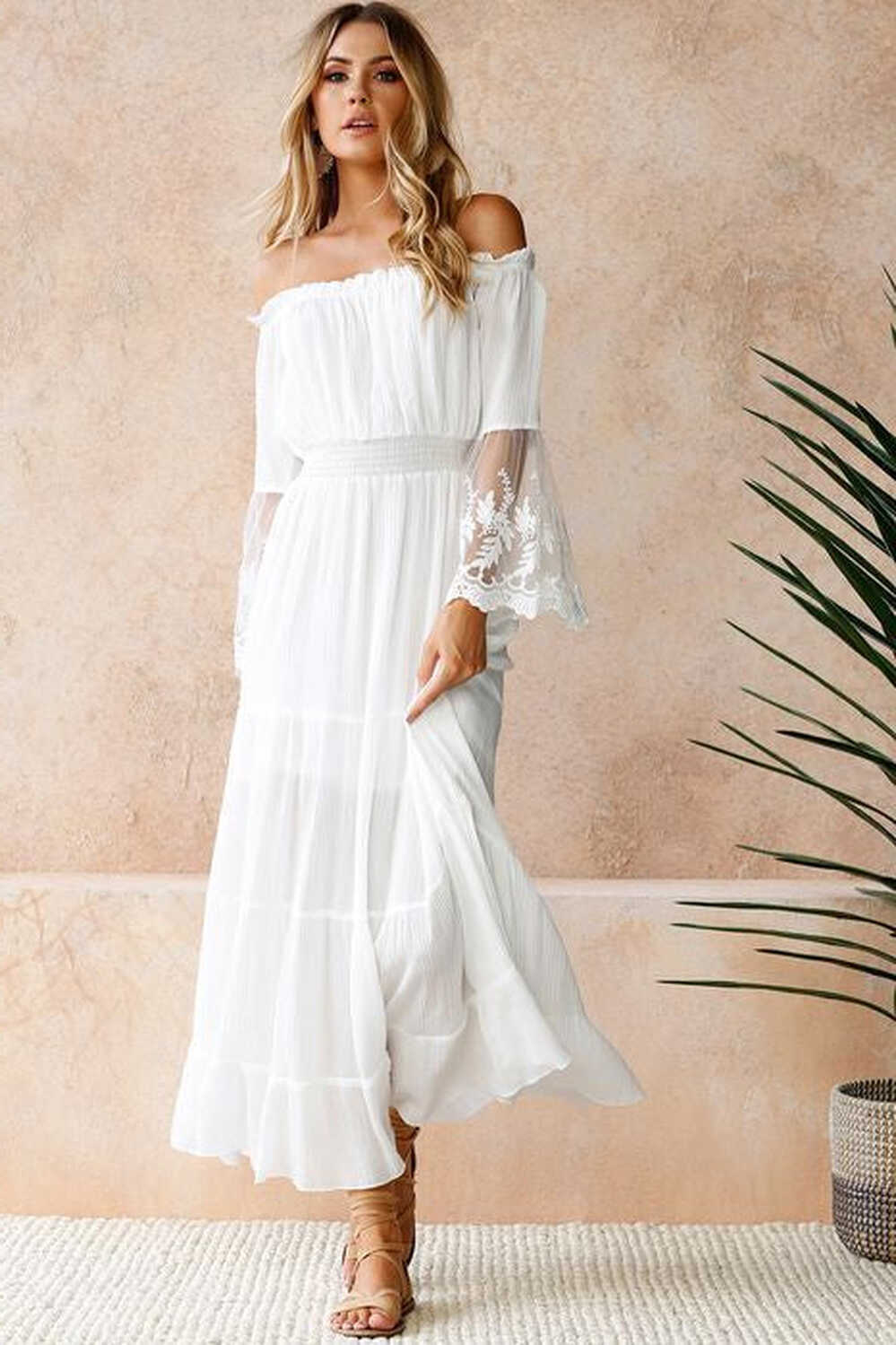 Off Shoulder Long White Chiffon Summer Dress Beach Dress ...