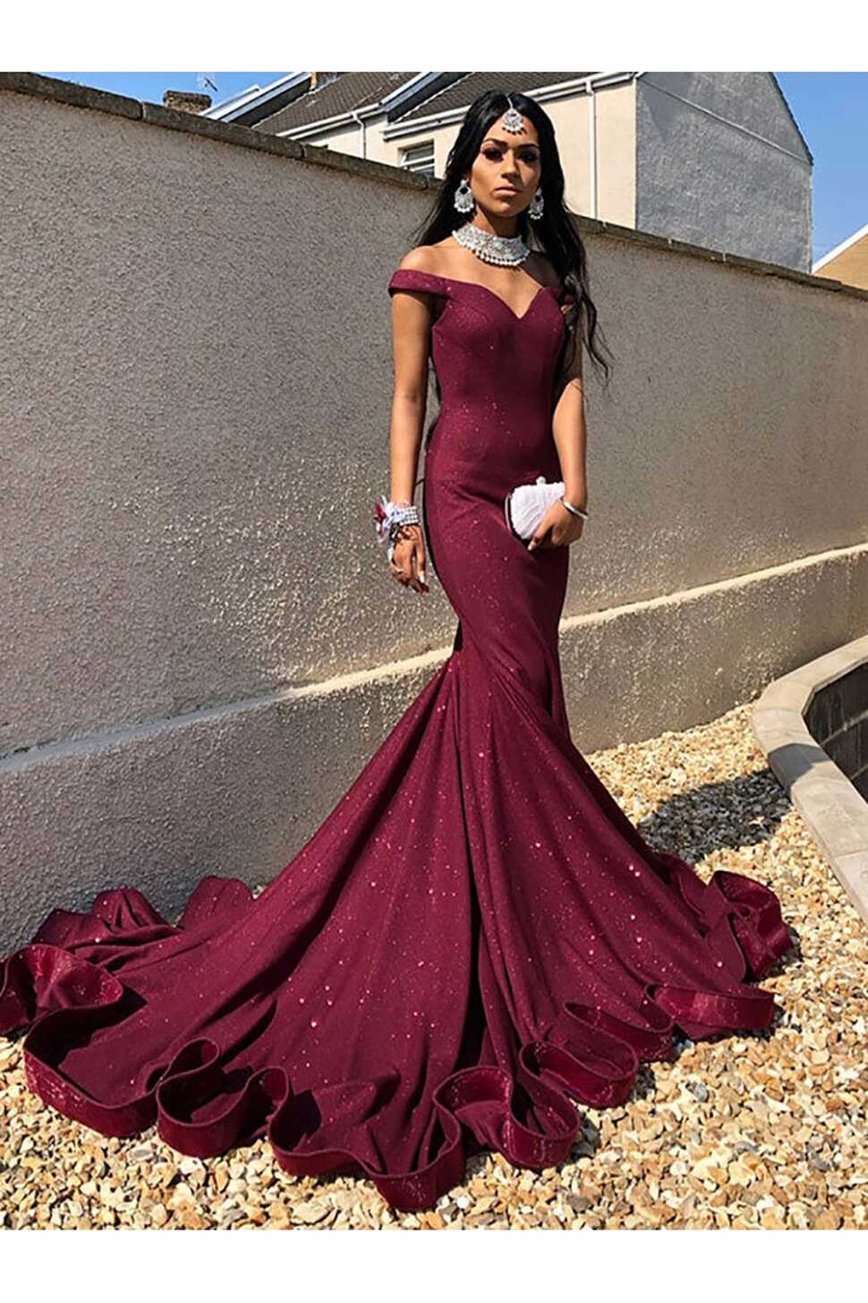 Off Shoulder Mermaid Burgundy Long Fitted Formal Dress With Train ...