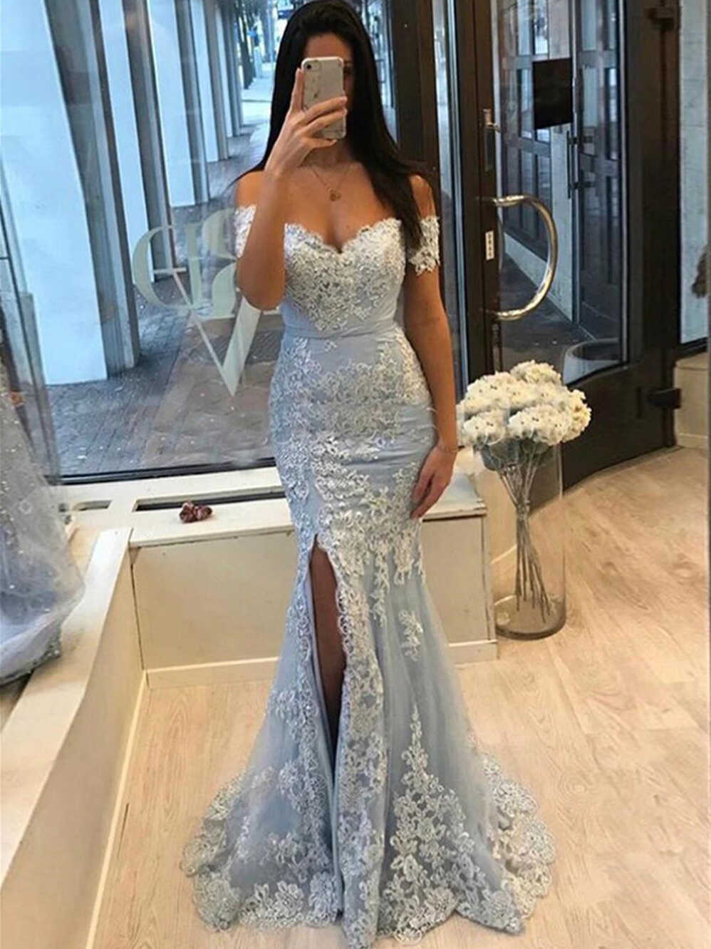 Off Shoulder Mermaid Light Blue Lace Long Prom Dresses, Off ...