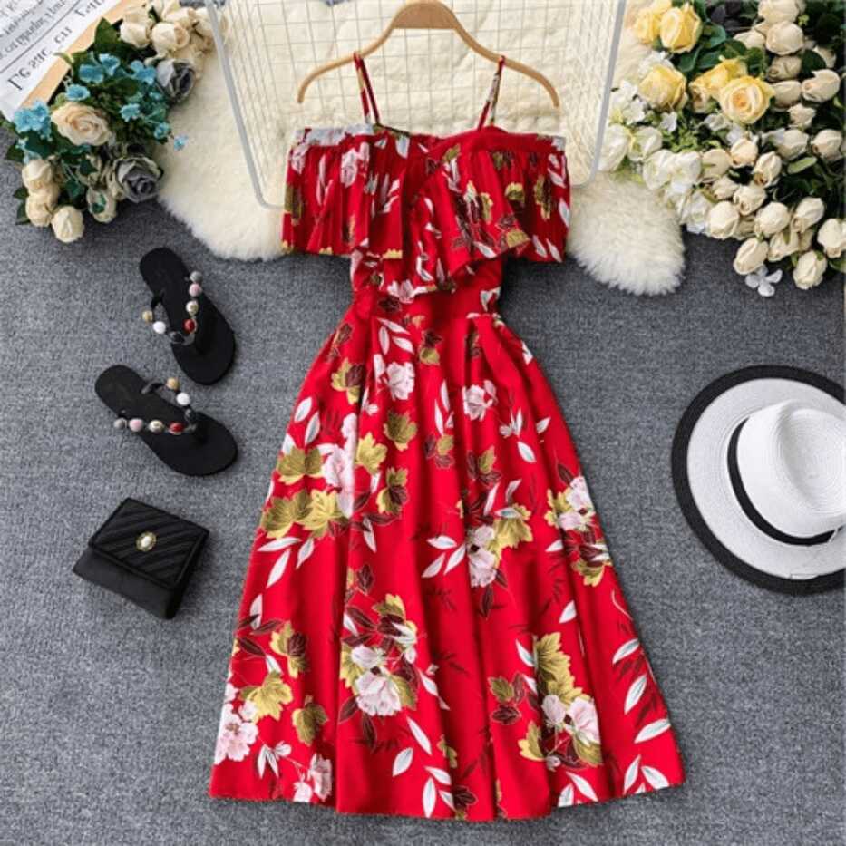 Off Shoulder Midi Dress Floral Print Summer Dress