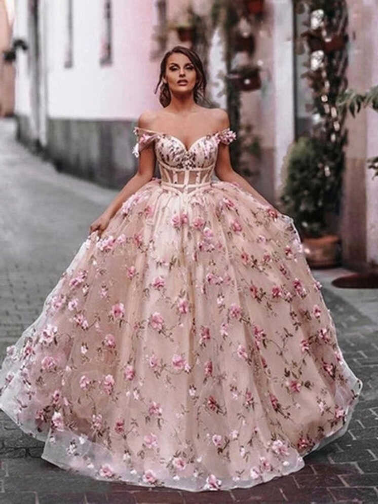 Off Shoulder Pink Floral Long Prom, Off the Shoulder Pink Formal ...