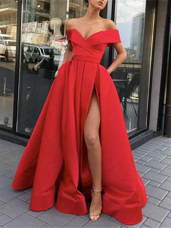 Off Shoulder Red/ Blue High Slit Prom Dresses, Off Shoulder Formal ...