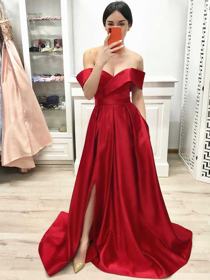 Off Shoulder Red Prom Dress with leg Slit, Red Off the Shoulder ...