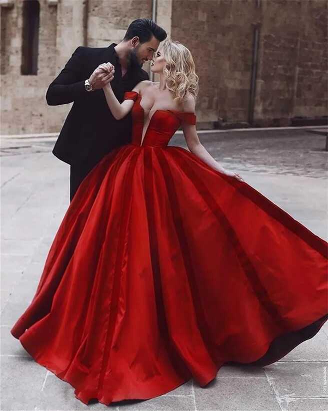 Off Shoulder Red Satin Ball Gown Long Red Evening Dress ...