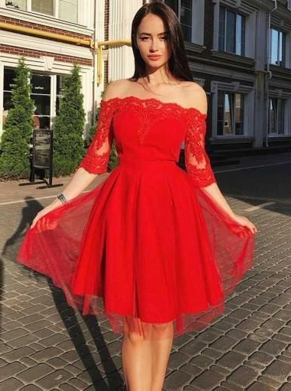 Off Shoulder Red Short Sleeves Cheap Short Homecoming Dresses ...