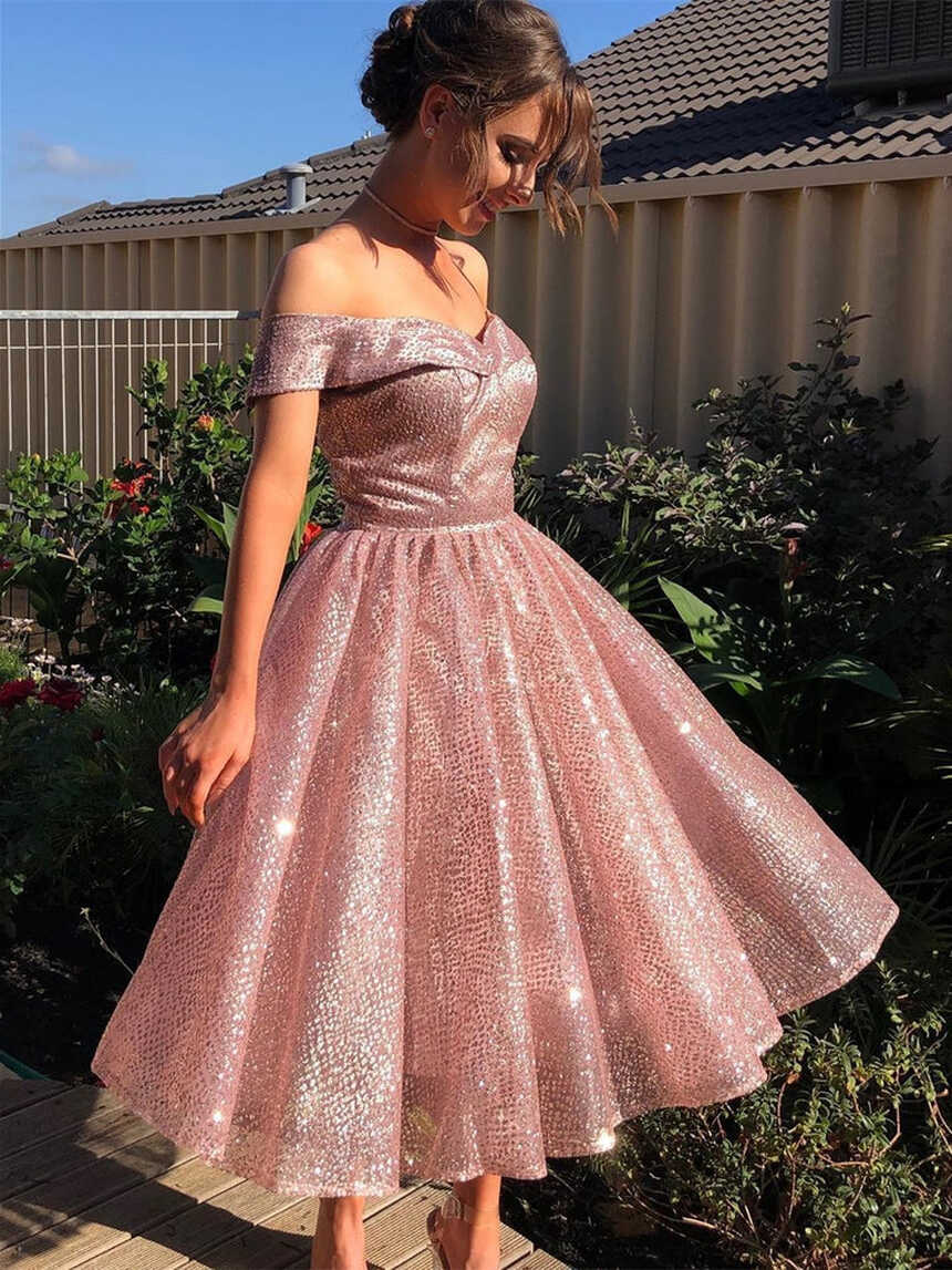 Off Shoulder Rose Gold Sequin Tulle Homecoming Dresses, Short Prom ...