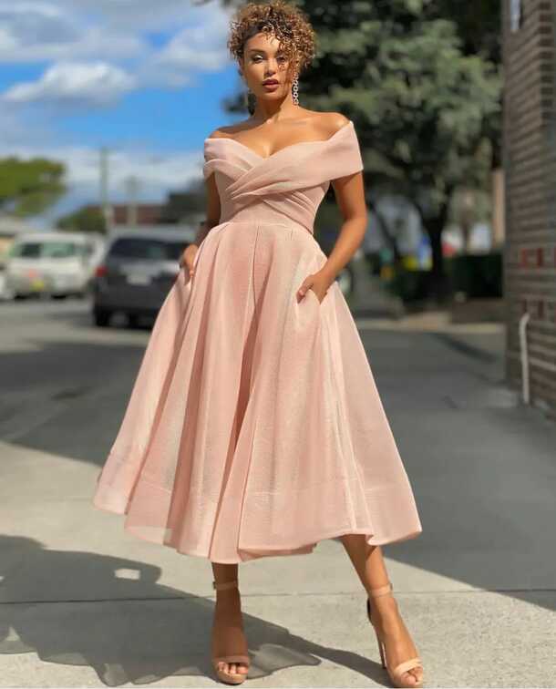 Off Shoulder Rose Pink A Line Ankle Length Cocktail Dresses With ...