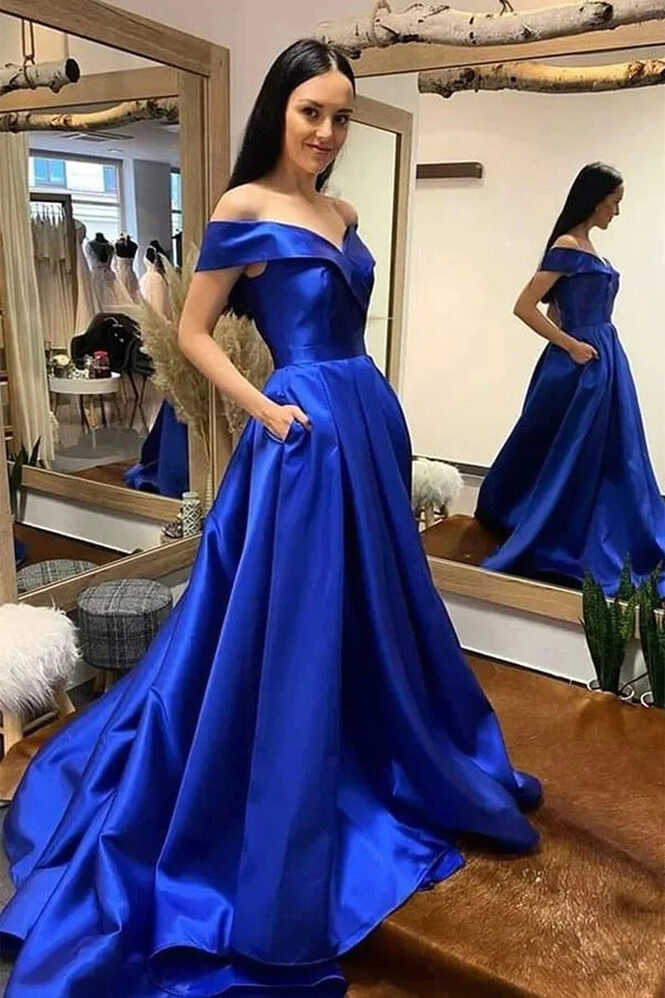 Off Shoulder Royal Blue A-line Prom Dresses, Evening Dresses With ...