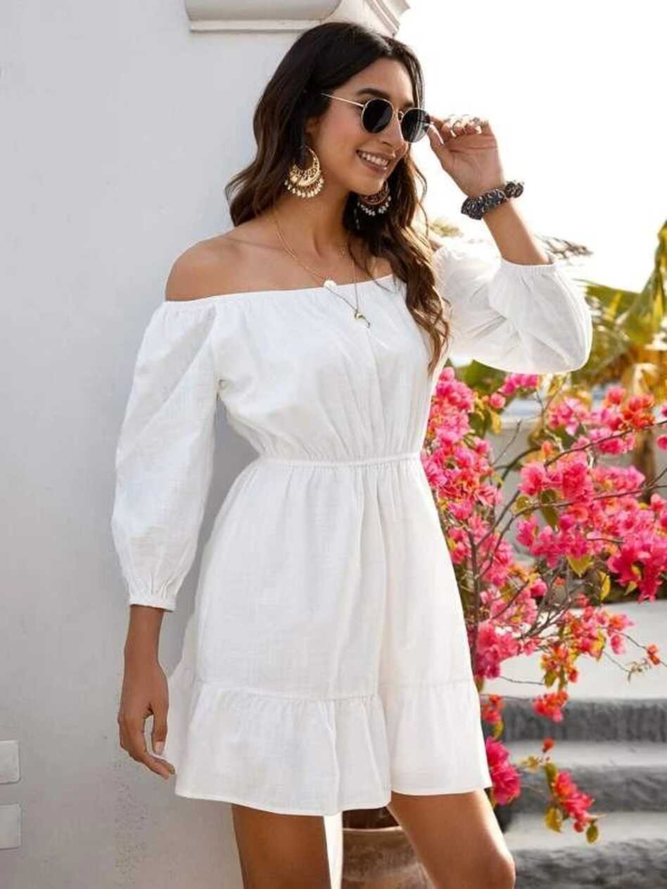 Off Shoulder Ruffle Hem A-line Dress